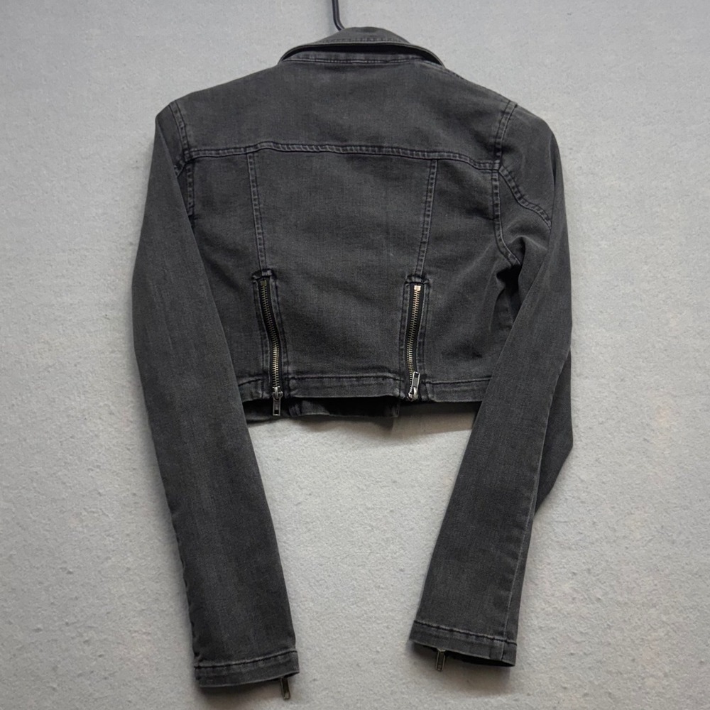 Free People Womens XS Black Denim Moto Jacket Cropped Biker Asymmetrical Zip - Picture 2 of 11